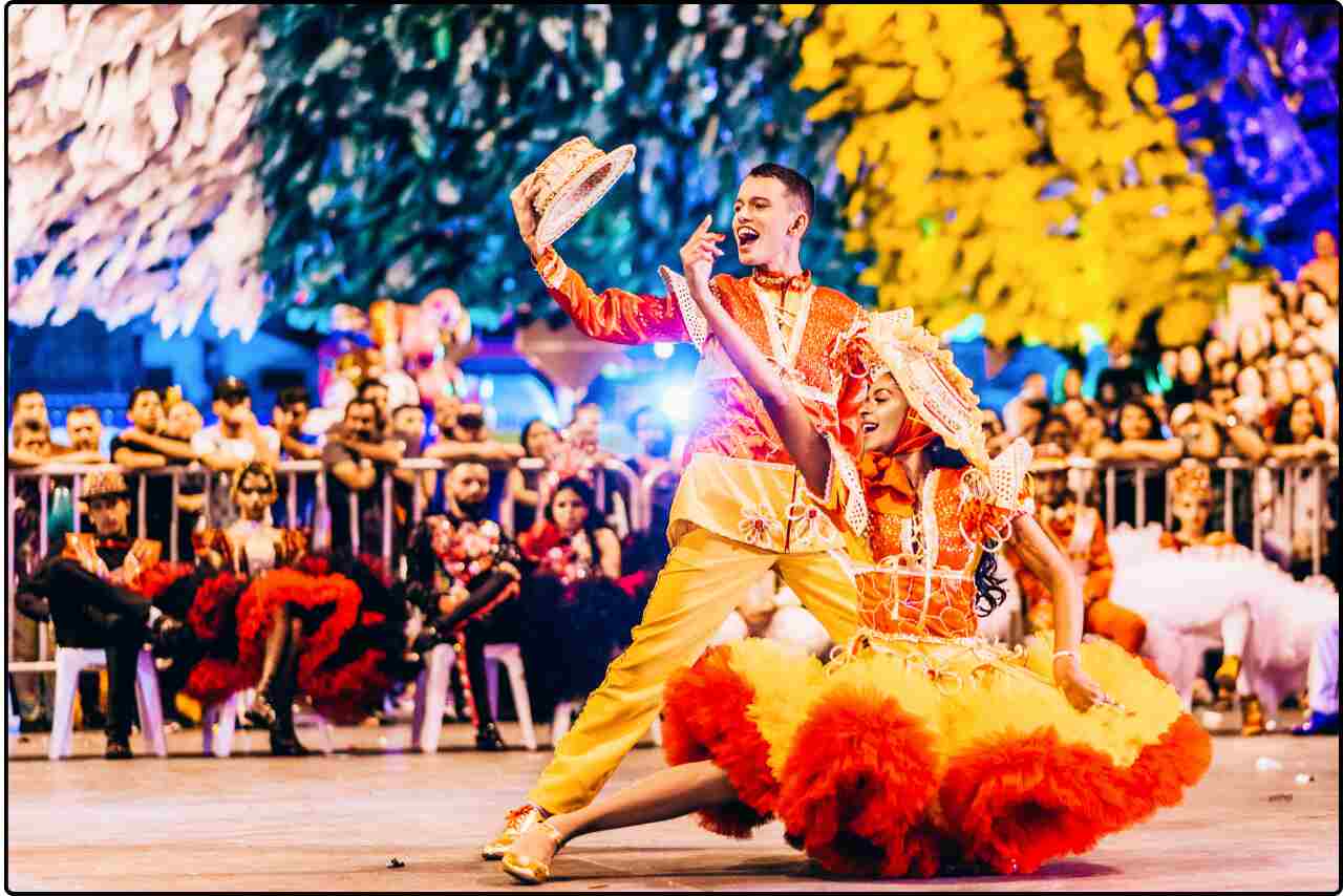 Dancers in traditional attire performing a lively cultural dance during a festive celebration.